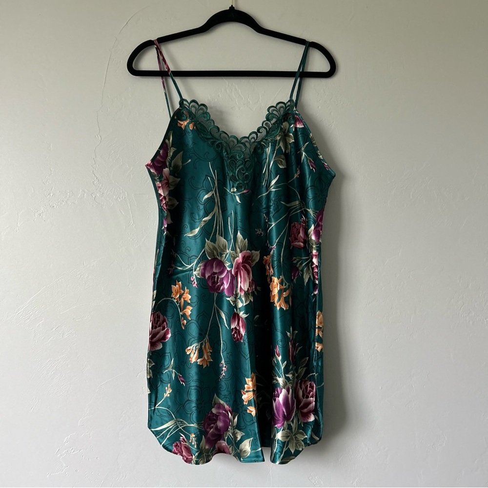 Vintage Green Floral Embossed Slip Dress Lace Trim Coquette Cottage Romantic